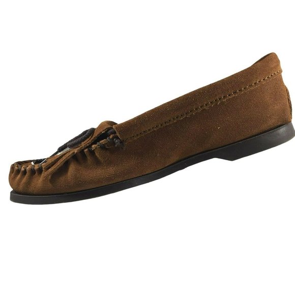 Minnetonka Leather Flats Moccasins Women 7.5 Beaded Brown Slip On Stitched Shoes - Picture 10 of 12